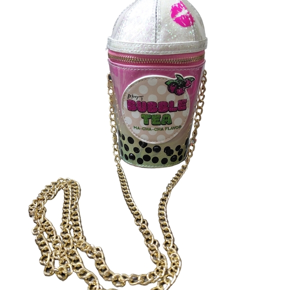 Betsey Johnson Bubble Tea Pink Crossbody Bag Long Gold Chain Y2K Kawaii Coquette - Picture 2 of 7